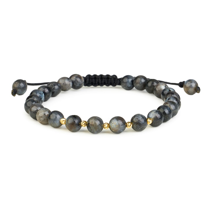 Bratara cu 5 bile Aur 14 K "585" si pietre Ochi de tigru naturale, ajustabila