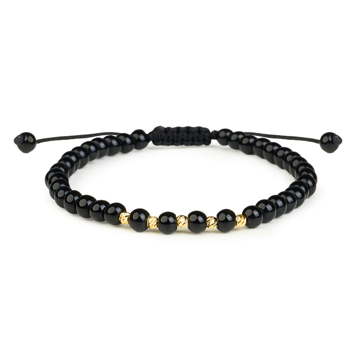 Bratara cu 5 bile Aur 14 K "585" si Onix negru, ajustabila