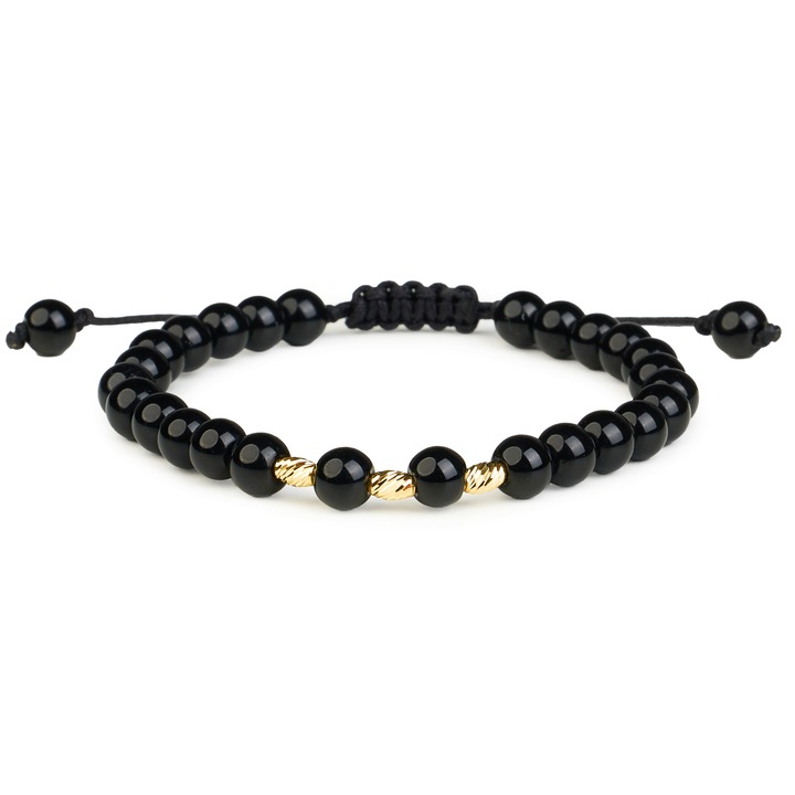 Bratara cu tuburi striate Aur 14 K "585" si Onix negru, ajustabila