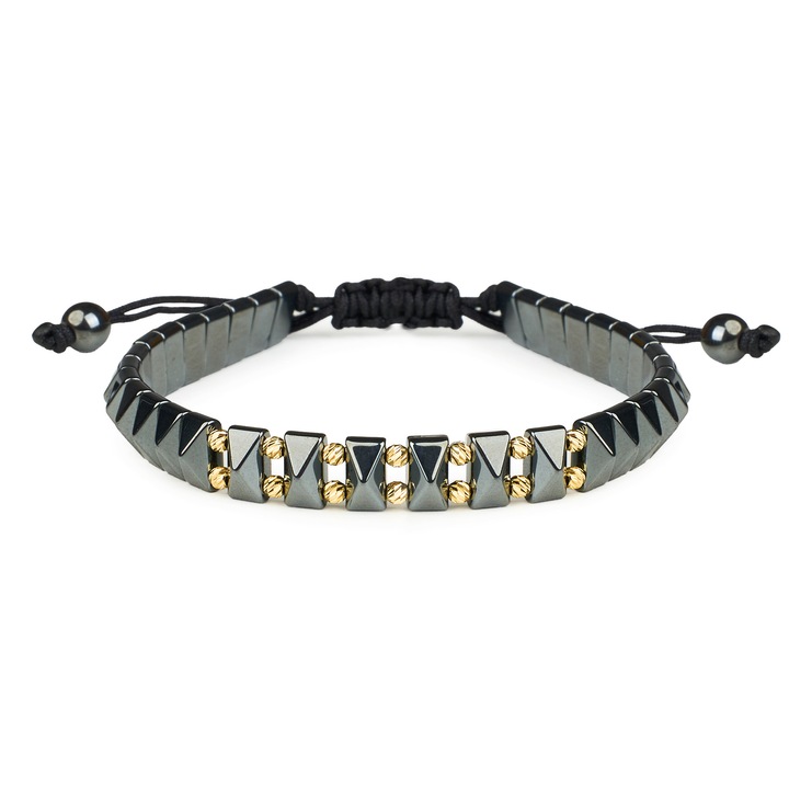 Brățară Aur 14K, 14 bile, ajustabilă, Hematite naturale, One Gold