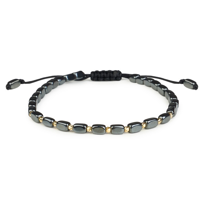 Bratara cu 10 bile Aur 14 K "585" si Hematite naturale, ajustabila