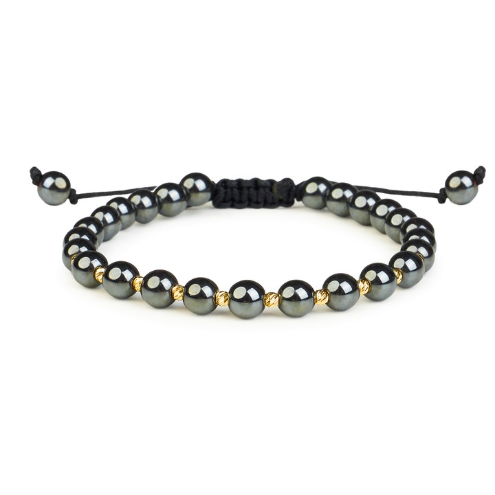 Bratara cu 10 bile Aur 14 K "585" si Hematite naturale, ajustabila