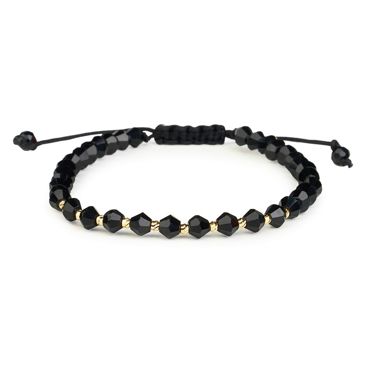 Brățară One Gold Aur 14K, 10 bile, cristale negre, ajustabilă