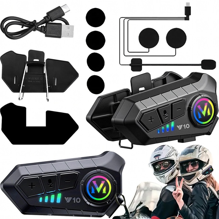 Motoros Sisak szett, kihangosító, Bluetooth 5.3, Kommunikációs Rendszer, 30 óra üzemidő, IPX6, Hangvezérlés, 85x35 mm, Fekete
