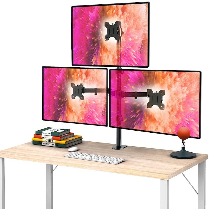 Suport pentru 3 monitoare Suptek® 13-27" inch, VESA 75x75 si 100x100, pana la 10 kg per brat, brate rotative 360° si ajustabile, birou, masa, Negru