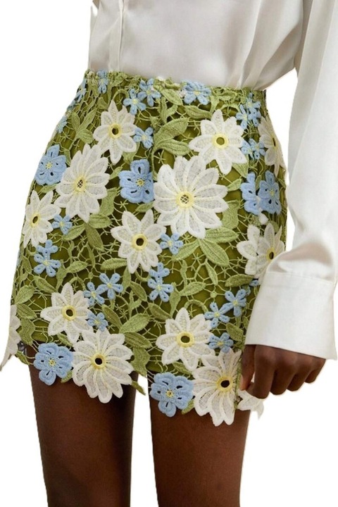 Fusta Dama, Eleganta, Cu Broderie Florala Contrastanta, Talie Inalta, Verde