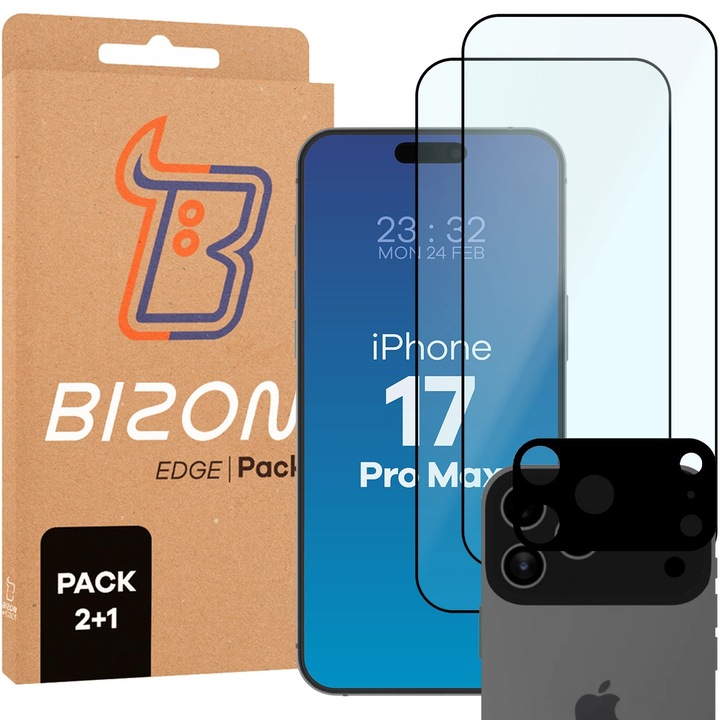 Set 2 Sticla de protectie + Sticla camera foto, Bizon Glass Edge Pack pentru iPhone 17 Pro Max