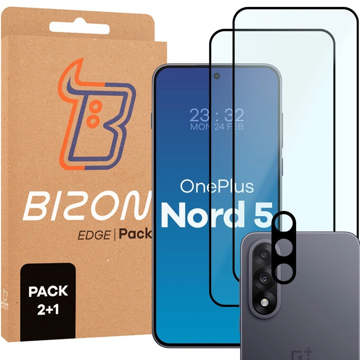 Set 2 Sticla de protectie + Sticla camera foto, Bizon Glass Edge Pack pentru OnePlus Nord 5