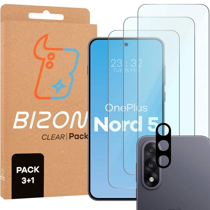 Комплект 3 Стъклен протектор + стъкло за обектив, Bizon Glass Clear Pack За Oneplus Nord 5