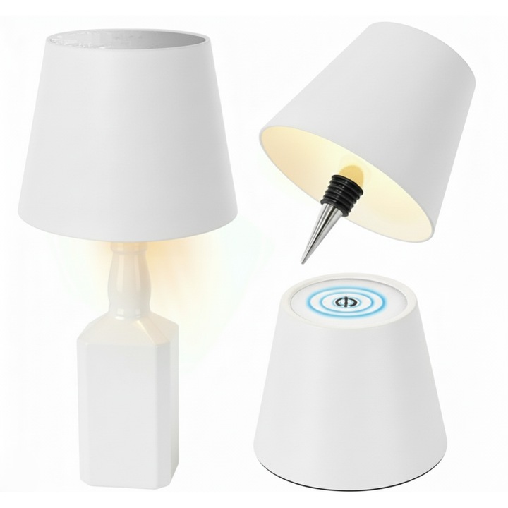 Lampa LED tip dop de sticla, Zola, temperatura culoare reglabila, buton tactil, diametru dop 15-20 mm, incarcare USB, 11 x 14 cm, alb
