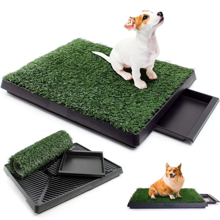 Тоалетна с изкуствена трева за кученца - Тава за обучение на кученца със зелена синтетична трева, лесна за почистване, за вътрешна и външна употреба, 63x50x7см