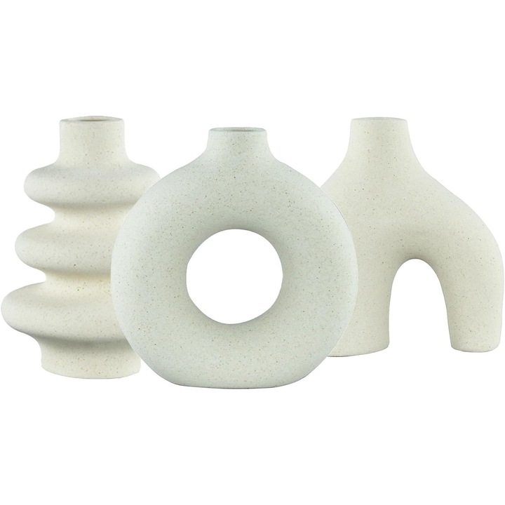 Set 3 vaze decorative ceramice Moderndeqor, finisaj mat, alb, stil minimalist