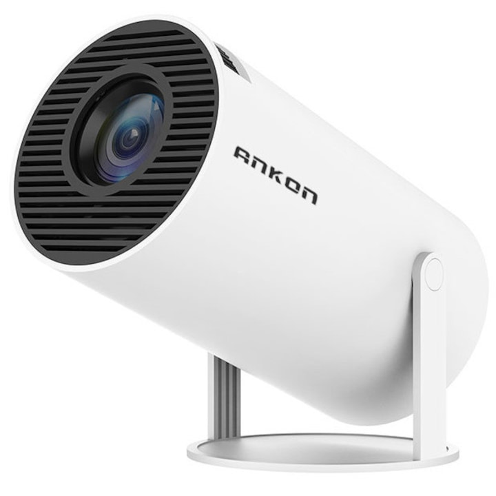 ANKON® intelligens hordozható LED videoprojektor, Android 11, beépített hangszóró, Wi-Fi 6, Bluetooth 5.0, 180°-os forgatás, automatikus trapézkorrekció, HDMI/USB, Android/iOS tükrözés, 1GB RAM, 8GB tárhely, 1280×720 felbontás