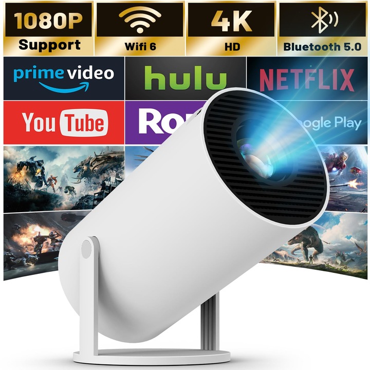 Videoproiector Portabil Smart LED ANKON®, Android 11, Difuzor Incorporat, Wi-Fi 6, Bluetooth 5.0, Rotire 180°, Corectie Auto Trapez, HDMI/USB, Mirroring Android/iOS, Rezolutie 1280×720