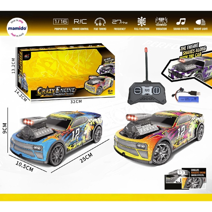 Mamido Masinuta telecomandata Crazy Engine 1:16 cu vibratii, lumini si sunet albastru