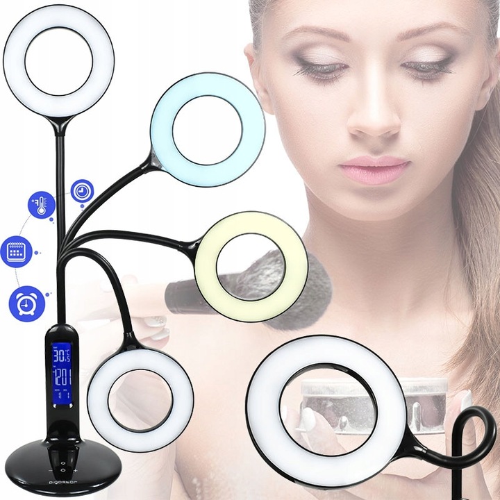 Lampa birou LED DecoRYA Ring 7W, 3 culori, afisaj multifunctional, negru, 16.2cm