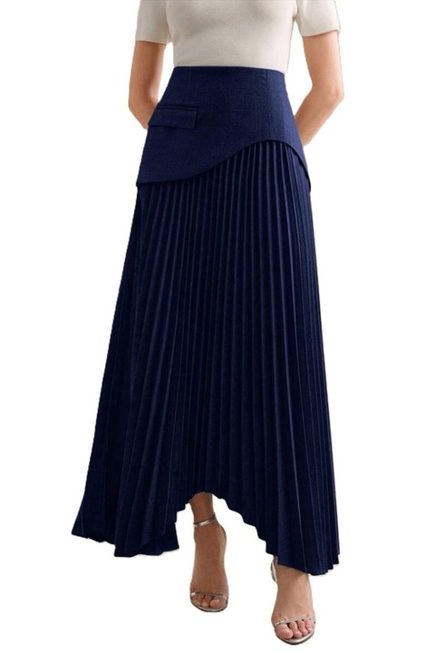 Fusta Dama, Eleganta, Cu Tiv Asimetric Si Plisata, Bleumarin