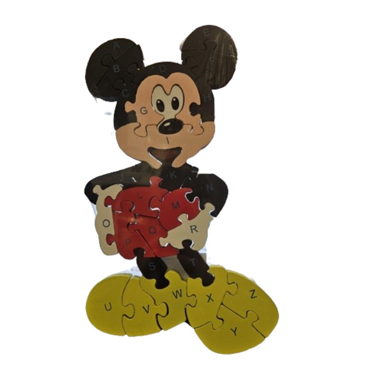 Puzzle Mickey Mouse, cu litere si cifre, din lemn, 26 de piese, multicolor