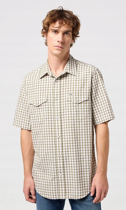 Camasa barbati, Wrangler, carouri, verde, bumbac, maneca scurta, 2 buzunare cu clapa., M INTL