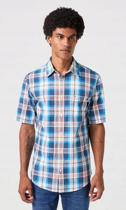 Férfi ing, Wrangler, tengerészkék, pamut, rövid ujjú, normál fazon, S INTL