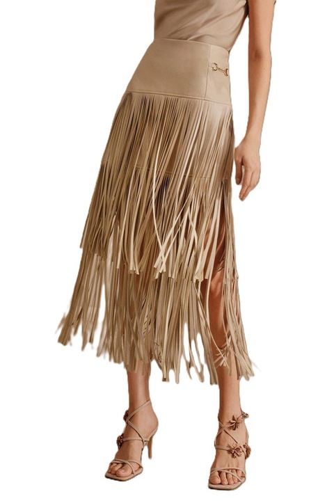 Fusta Dama, Eleganta, Cu Franjuri Si Piele Ecologica, Bej
