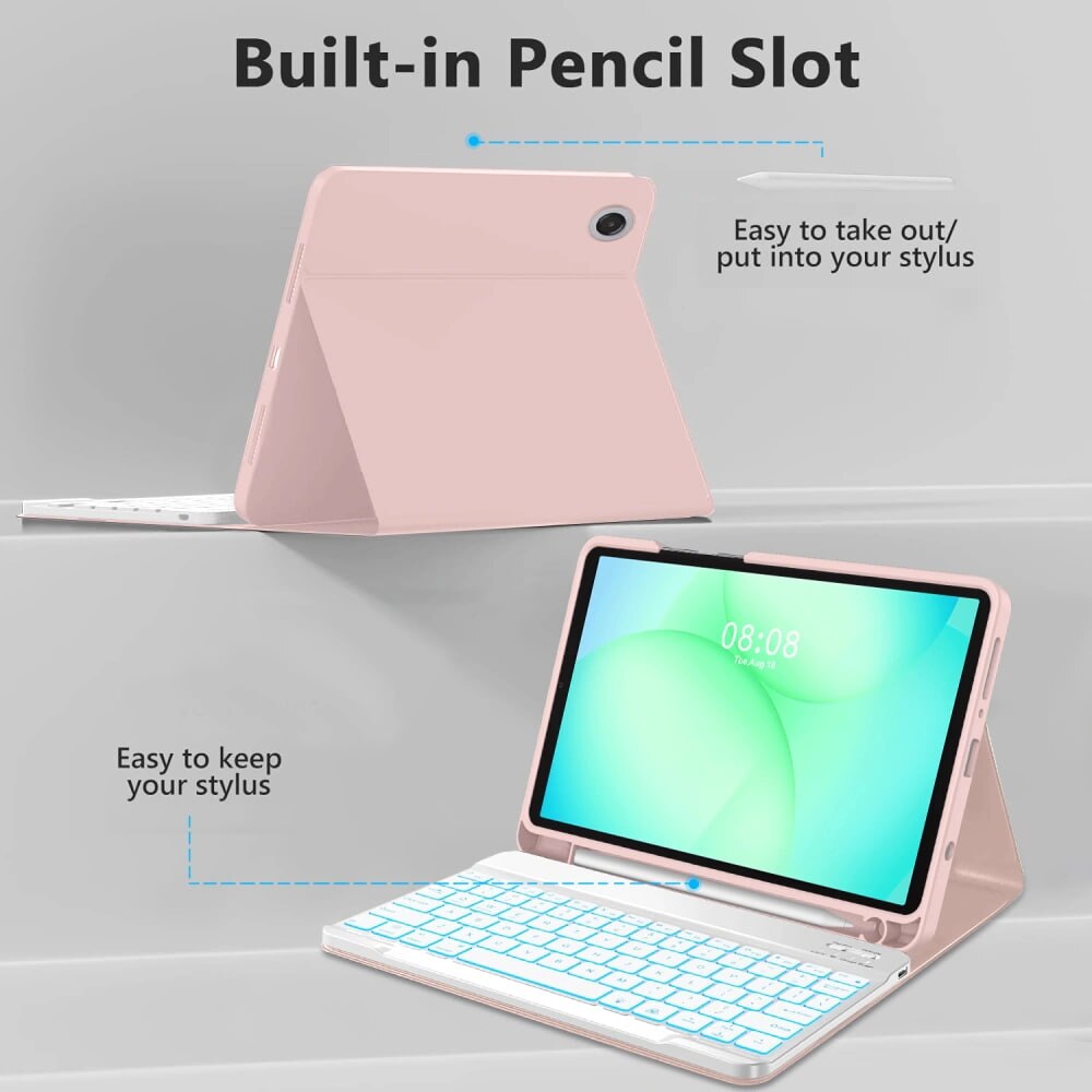 Husa pentru Samsung Galaxy Tab A11 8.7 inch cu tastatura iluminata wireless detasabila RGB 7 lights, Bluetooth, USB Type-C, functie stand si slot stylus, roz