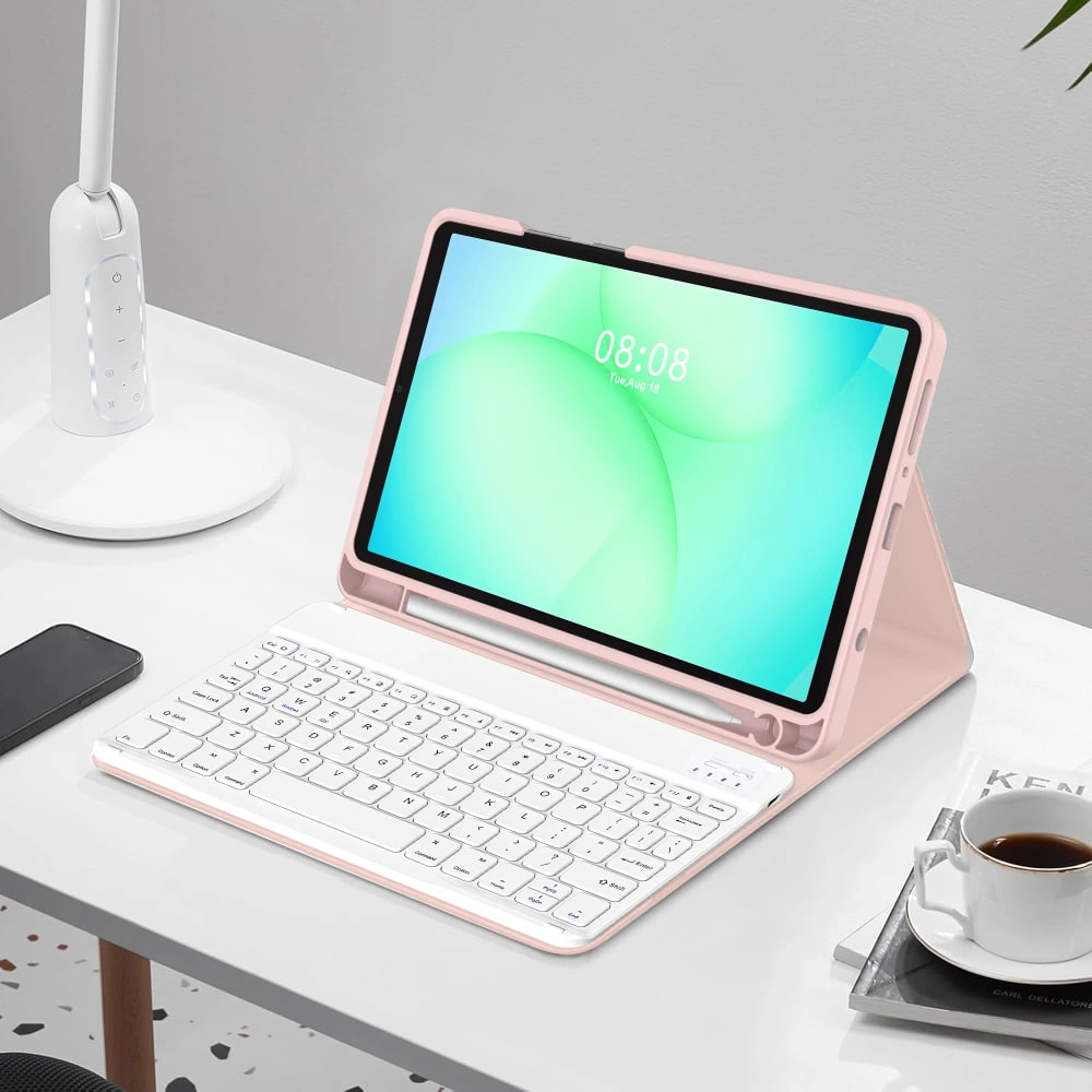 Husa pentru Samsung Galaxy Tab A11 8.7 inch cu tastatura iluminata wireless detasabila RGB 7 lights, Bluetooth, USB Type-C, functie stand si slot stylus, roz
