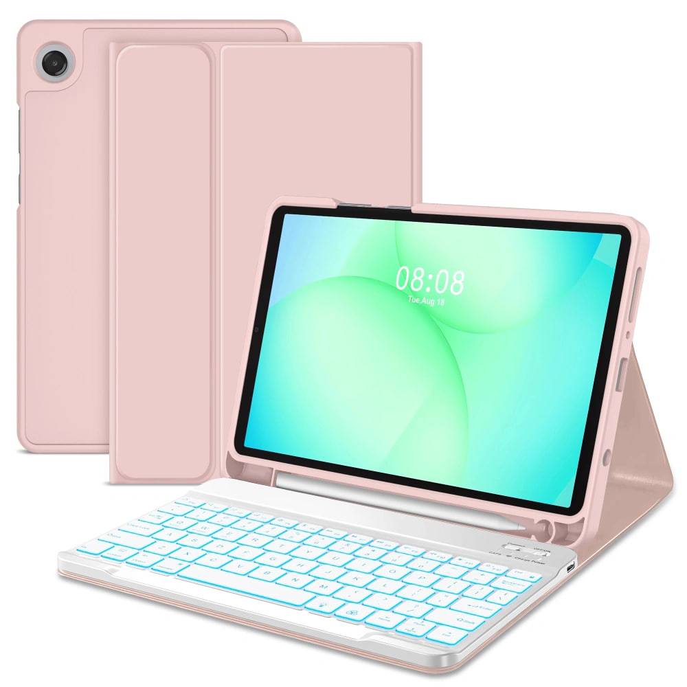 Husa pentru Samsung Galaxy Tab A11 8.7 inch cu tastatura iluminata wireless detasabila RGB 7 lights, Bluetooth, USB Type-C, functie stand si slot stylus, roz
