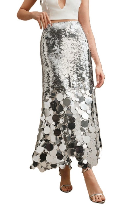 Fusta Dama, Eleganta, Paiete Diferite Marime, Talie Inalta, Argintiu