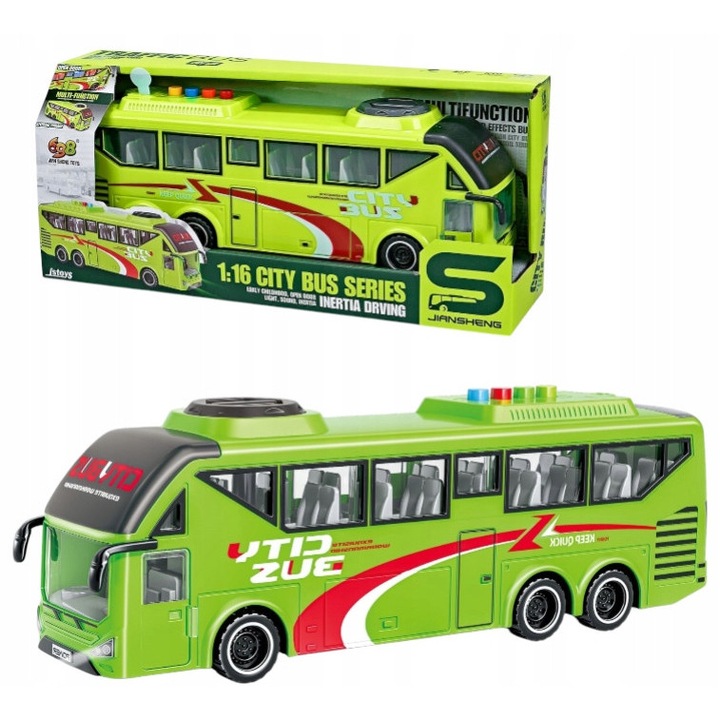 Autobuz urban electric, verde, scara 1:16, cu lumini si sunete, usi functionale