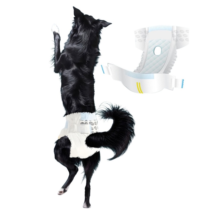 Scutece Absorbante pentru Caini, HappyPaws, Ajustabile, Ultra-Confortabile, Antiscapare, Indicator de Umezeala, Protectie pentru Incontinenta, Calatorii, Perioada de Calduri, Dresaj si Uz Zilnic, Potrivite pentru Toate Rasele, Marime M, 44x32cm, Alb