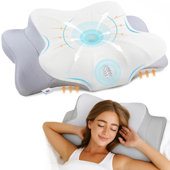 Ortopédiai nyakpárna alváshoz Linomag, memóriahab, mosható huzat hűsítő anyagból, nyak-, váll- és karkitámasz, Alpesi fehér/Világosszürke, 60 x 38 x 9-13 cm