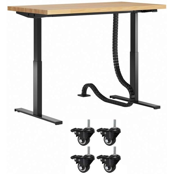 Birou Electric Reglabil pe Inaltime, Blat din Lemn, Pe Roti, cu Container, Stil Industrial, Negru, 140×80, DEERHORN