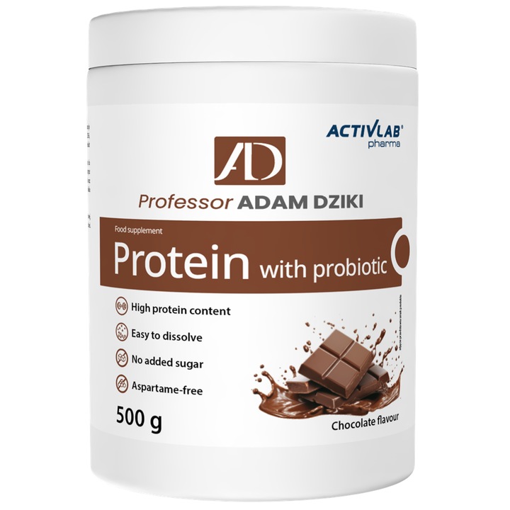 Białko cu Probiotic Profesor Adam Dziki WPC Concentrat 500 g Ciocolata 16 Portii Supliment Proteic cu 71 g Proteine 30 g portie si Bacillus coagulans MTCC5856 Suport Masa Musculara Microflora Intestinala Fara Zahar