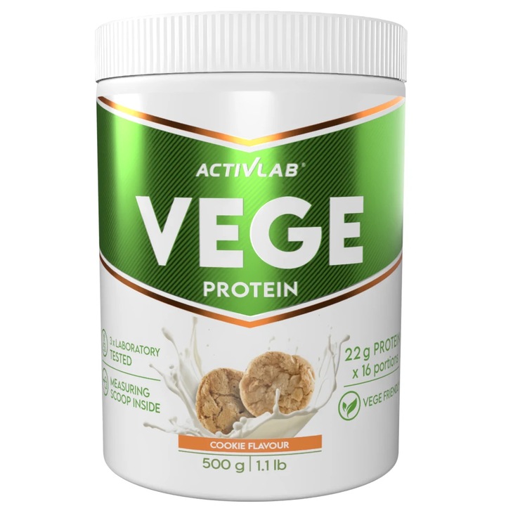 Activlab Pharma Vege Protein, хранителна добавка на базата на растителни протеини от соя, грах, ориз и коноп, без захар, вкус торта, 500 г, 16 порции