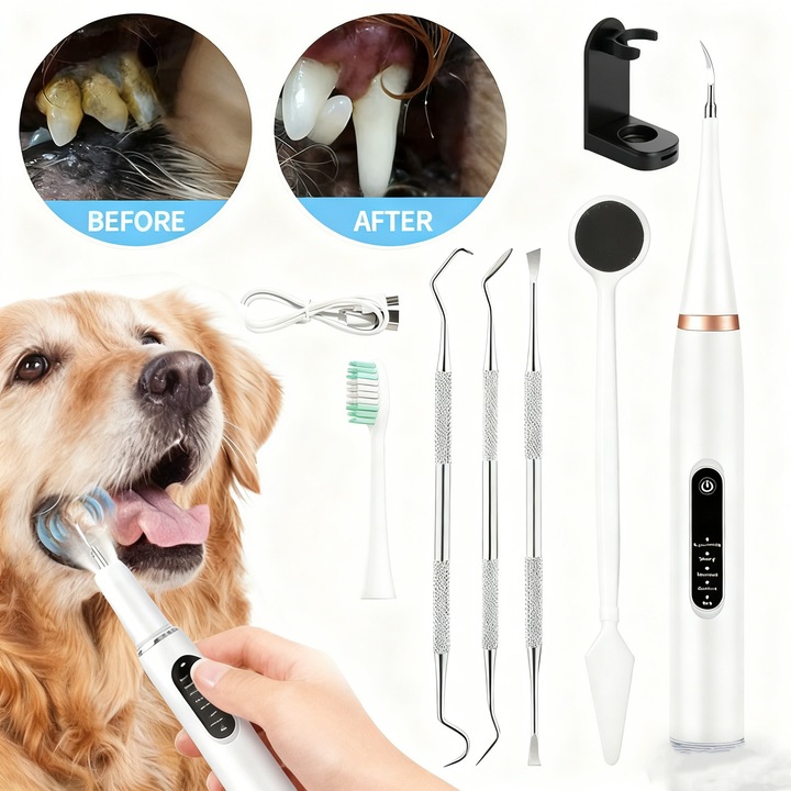 Kit de curatare dentara pentru animale de companie, ata dentara electrica pentru pisici si caini, indepartarea cu ultrasunete a tartrului si a placii bacteriene, 5 moduri de curatare