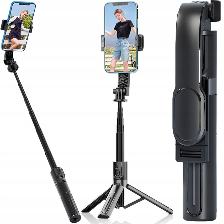 Selfie stick cu trepied Ayawaska, telescopic 20x90cm, telecomandă Bluetooth, negru