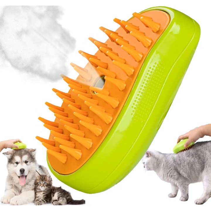 LuckyLu 3 az 1-ben gőzös kisállat kefe, ergonomikus, zöld