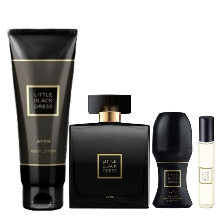 Set cadou pentru femei, Avon Cosmetics, Little Black Dress, parfum 50 ml, lotiune corp, roll-on anti-perspirant 50 ml, mini parfum 10 ml