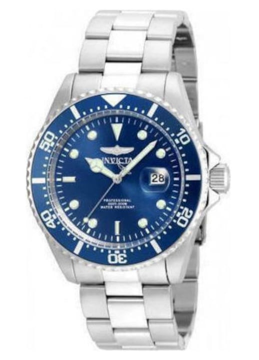 Ceas barbatesc Invicta Pro Diver, 43mm, bratara metalica argintie, rezistent la apa 20 Atm