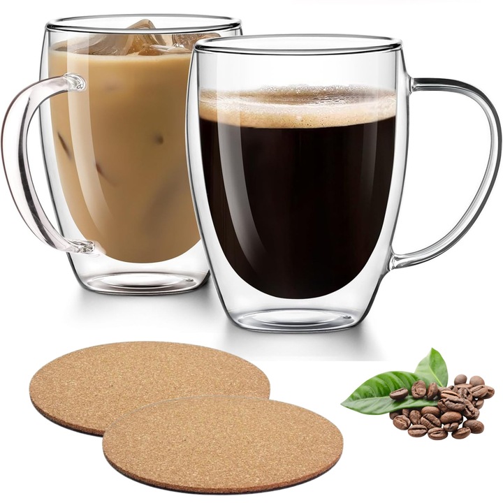 Set pahare cu perete dublu 150 ml cu maner 150 ml, din sticla borosilicata premium termorezistenta, design modern, cana transparent cafea, cappuccino, ceai, suport din pluta inclus, Ideas4Comfort, transparent