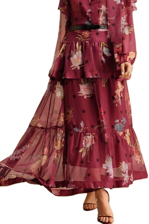 Fusta Dama, Imprimeu Floral, Volane Si Talie Inalta, Visiniu