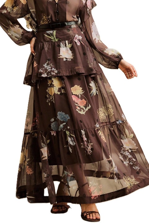 Fusta Dama, Imprimeu Floral, Volane Si Talie Inalta, Maro