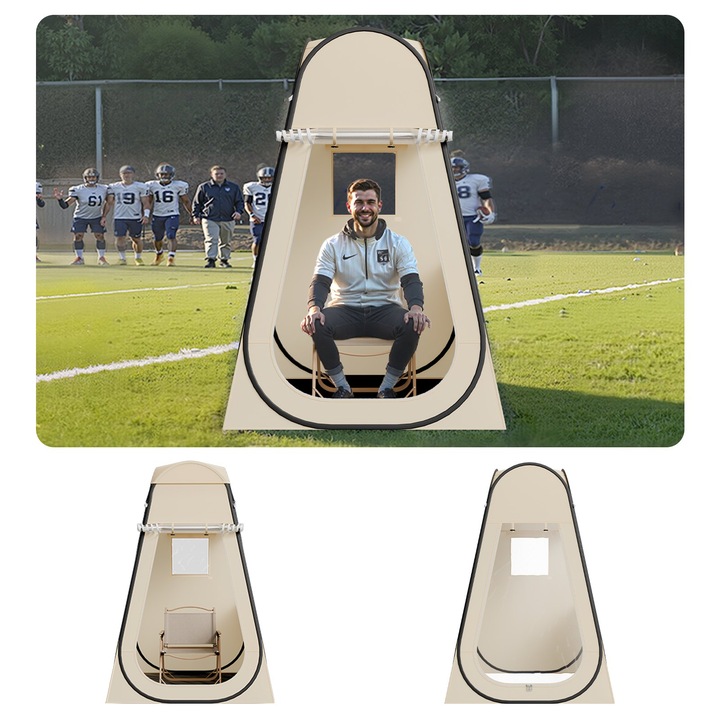 Cort sportiv transparent pop-up, 120x120x190cm, impermeabil, pentru 1 persoana, bej, cu covoras si husa de ploaie