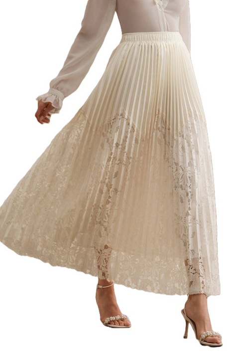 Fusta Dama, Decorata Cu Dantela, Plisata, Talie Inalta, Crem