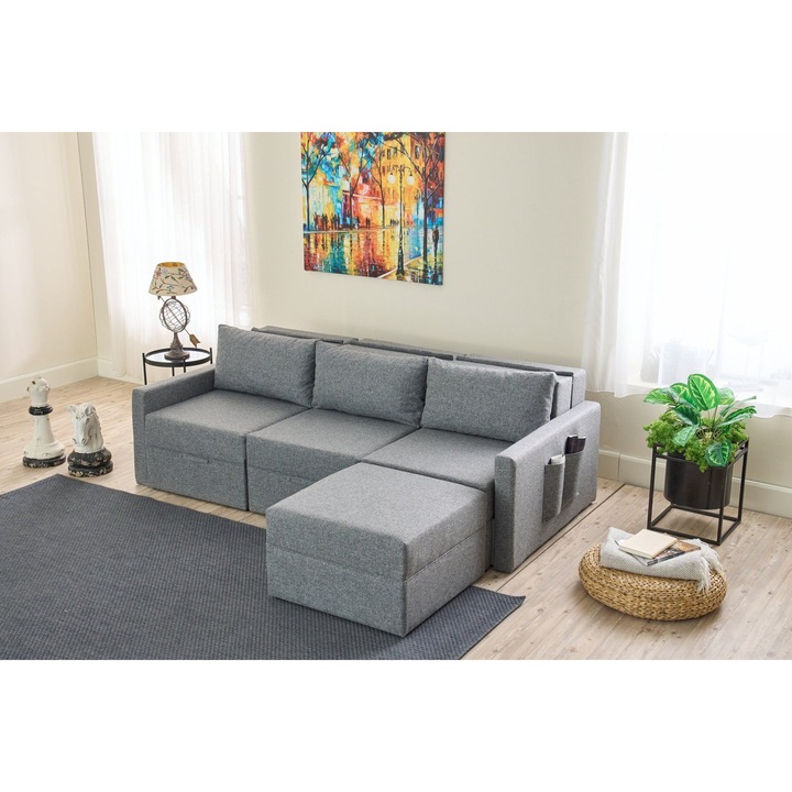 Canapea coltar extensibil, Atelier Del Sofa, gri, 230x110x72cm, cu spatiu de depozitare si puf inclus