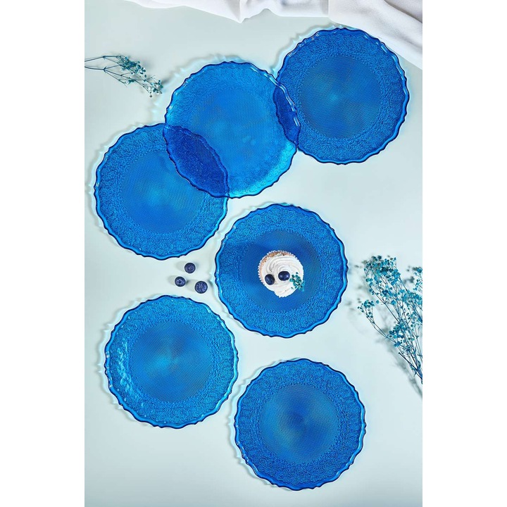 Hermia Concept, 6 darabos desszerttányér szett, üveg, 21 cm, kék