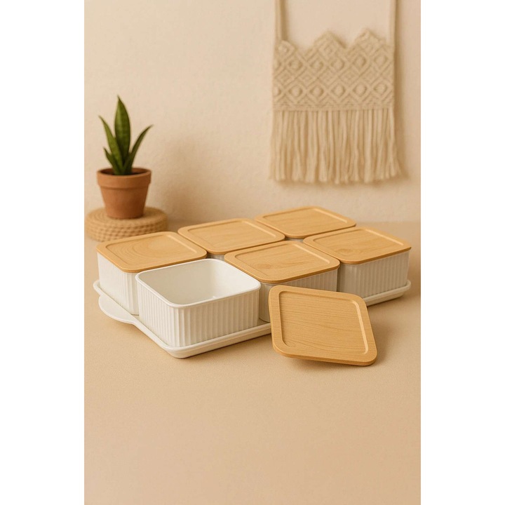Set de mic dejun (6 piese), Hermia Concept, alb, 9,5x9,5x5cm, tava 29x19cm