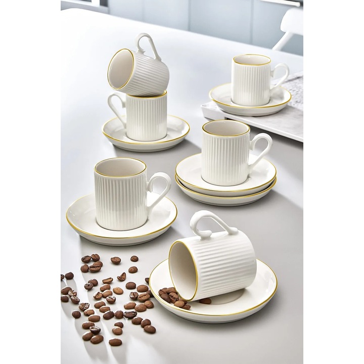 Set cani din portelan, Hermia Concept, 6 cani si 6 farfurii, alb, 6x6x8cm, 11x11x2cm