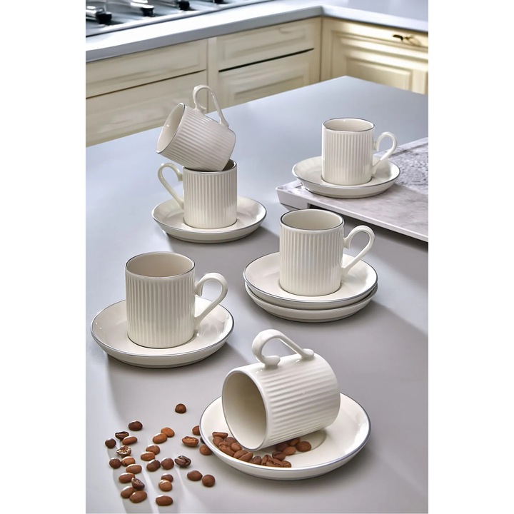 Set de cesti de cafea, Hermia Concept, 6 piese, alb, 6x6x8cm, 100ml, farfurii 11x11x2cm